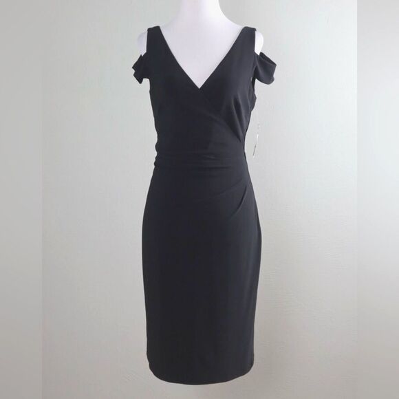 Lauren by Ralph Lauren - Black Jersey Faux Wrap V-Neck Dress - Women size 16 - Picture 1 of 7